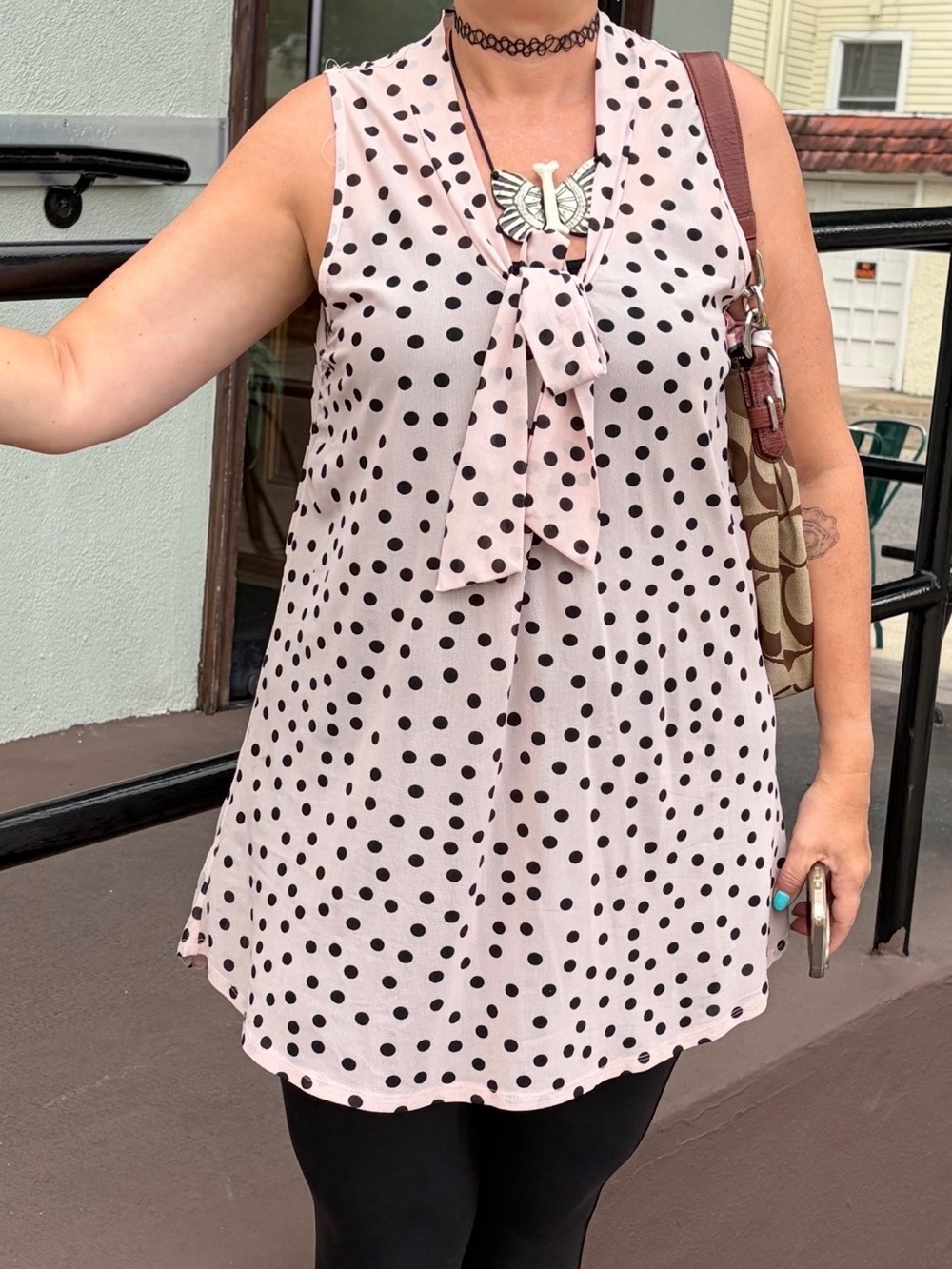 Pink Polka Dot Bow Tie Sleeveless Blouse
